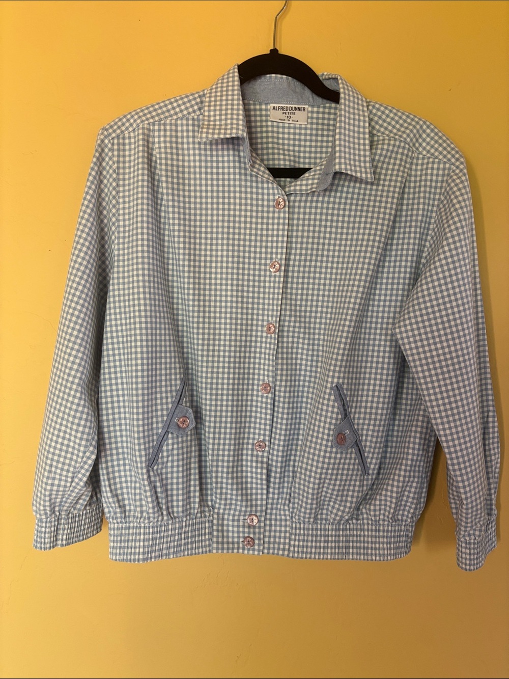 Alfred Dunner Light Blue Gingham Button-Front Bomber Jacket